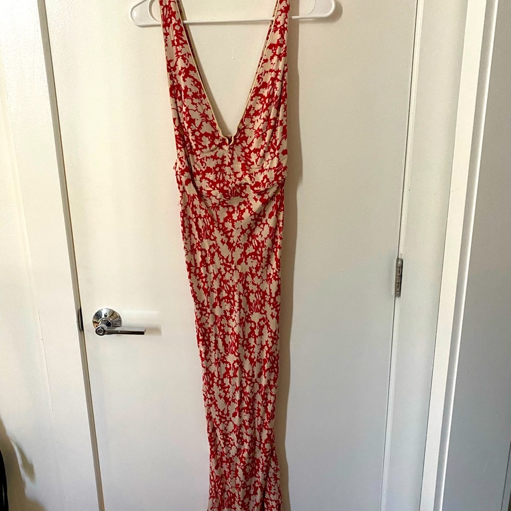 Free People Deep V Red Floral Midi Dress (Size 4)